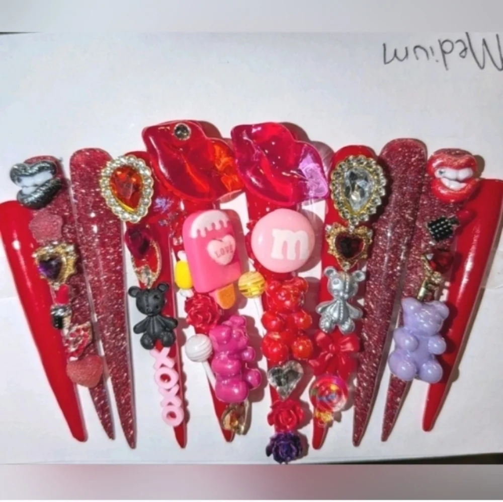Red and Pink Decorative 4xl Acrylic Press On Nail Set Sz Medium